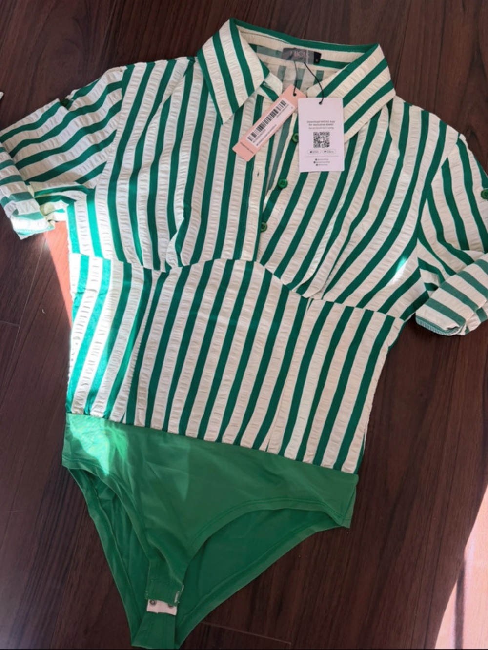 Striped Green & White Collared Bodysuit
